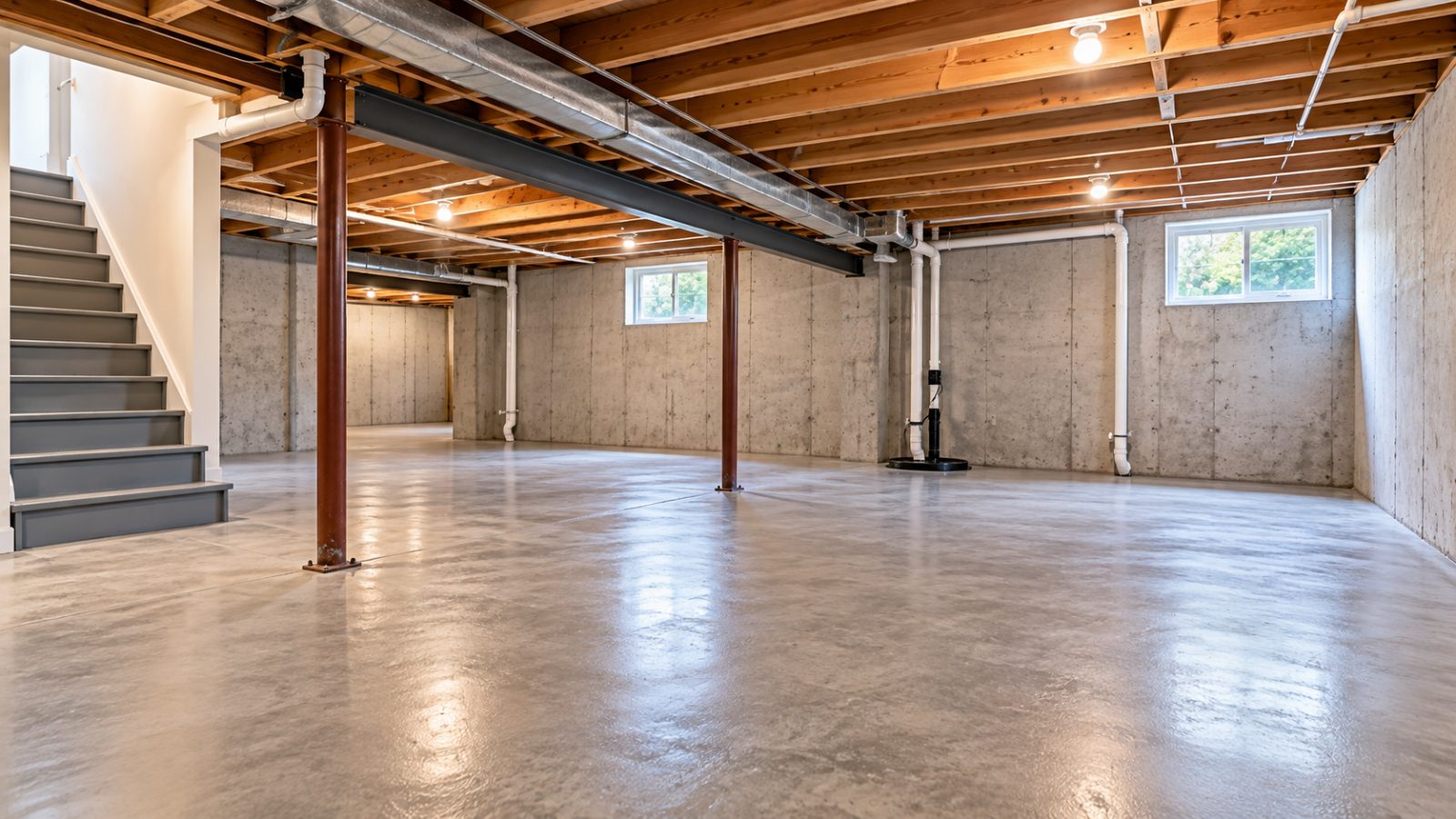 Unfinished basement with exposed walls and concrete floor