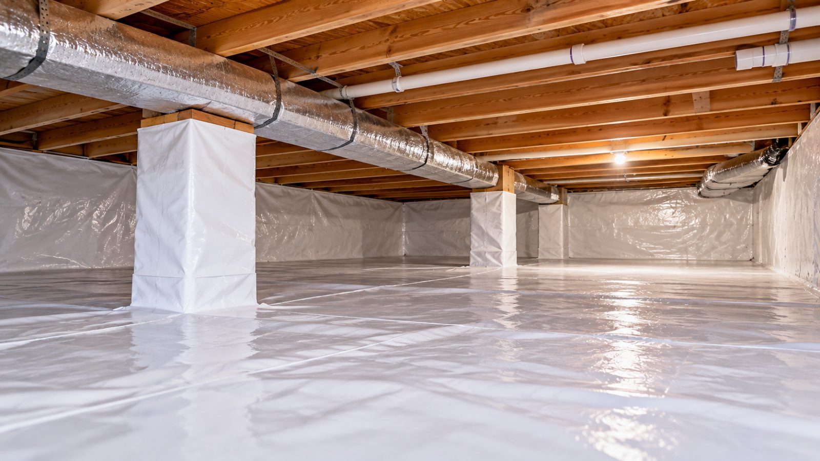 Crawl space with a floor liner and wrapped support posts