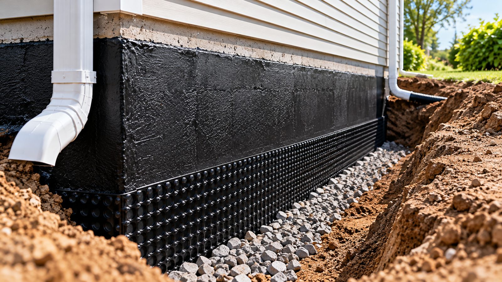 Excavated foundation wall with exterior waterproofing membrane