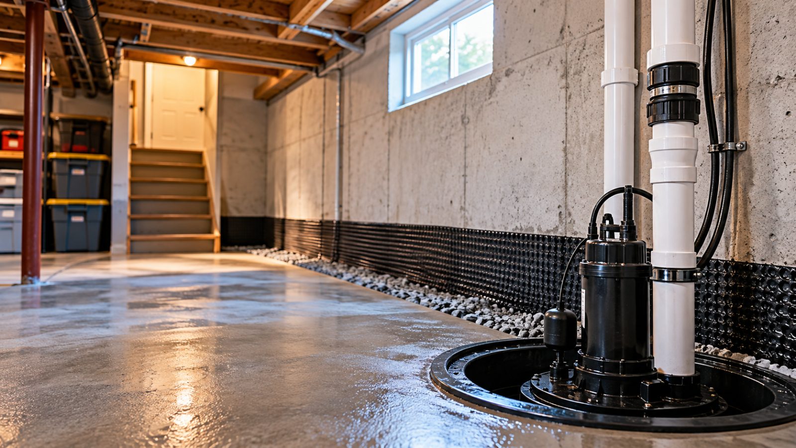 Sump basin with pump components in a basement floor