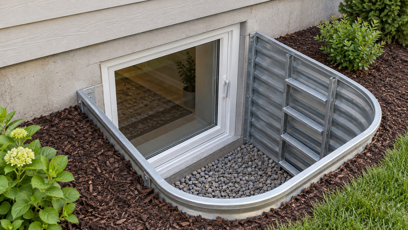 Basement egress window well with drainage gravel (illustrative)