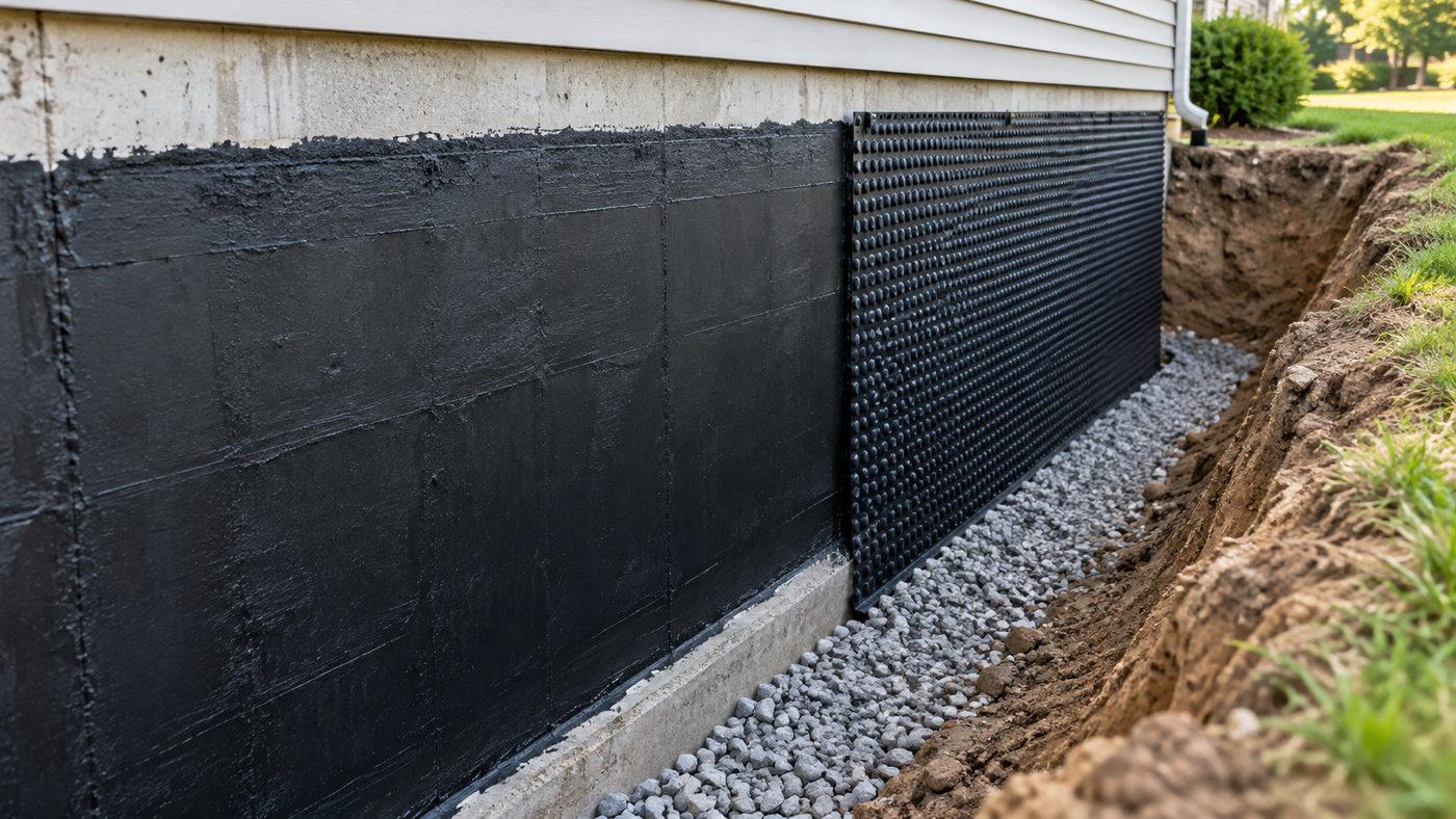 Exterior waterproofing membrane and drainage board on foundation wall (illustrative)