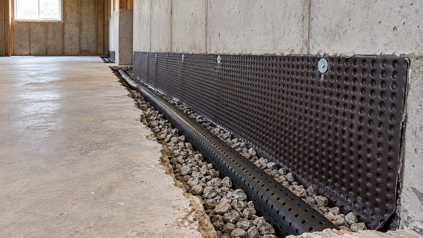 Perimeter drain pipe being installed along basement floor (illustrative)